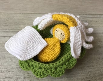 Pattern only, Crochet doll basket bedding, Camomile bassinet for baby doll, Carry cot, Daisy carrier, Flower cradle, Crib, Nursery cot