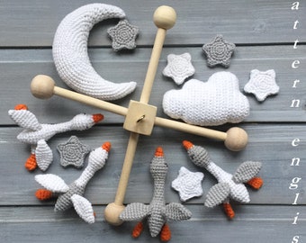 Pattern only, Crochet baby mobile PDF, Goose nursery mobile, Moon and star, Newborn décor, Cloud digital,Baby shower,Pastel bird baby mobile