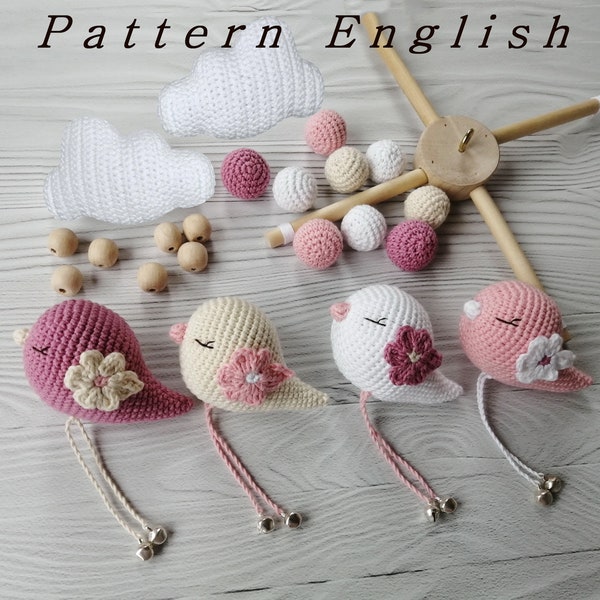 Pattern only, Pastel bird baby mobile, Scandinavian nursery decor, Crochet cribe mobile, Nestling, Birdie PDF, Digital nightingale, Chick