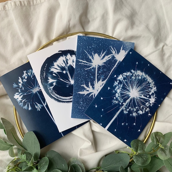 4 for 10.00 Cyanotype Greetings Cards White and Blue Wall Art - Blue Botanical Print with White Flowers