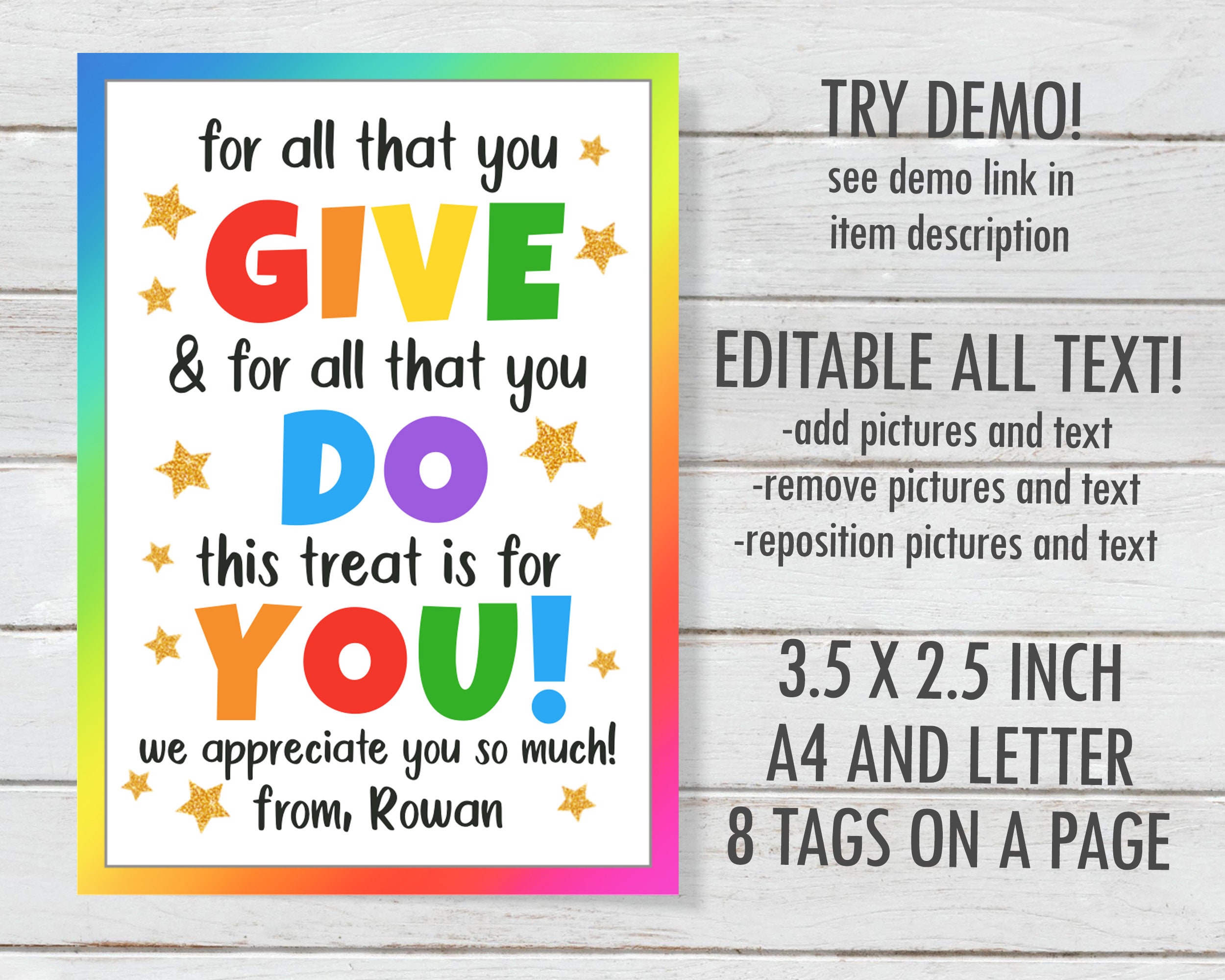 Editable/printable Treat Snack Bar Appreciation Gift Tags, Teacher Appreciation Tag, Thank You