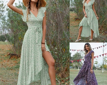 Women Bohemian Sleeveless Long Dress V Neck Lace Up Floral Print Asymmetrical Elegant Maxi Dresses