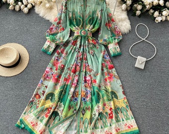 Women Summer Holiday Beach Chiffon Flowy Stand Collar Lantern Sleeve Floral Print Boho Long Robes Dress