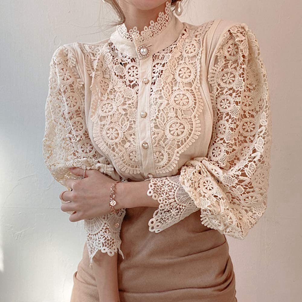 Korean Fashion Women Slim Long Sleeve Lace Crochet Casual Basic Shirt  Blouse Top