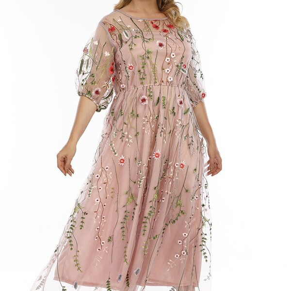 Women's Female Gauze Embroidered Floral Bohemian Banquet Party Dresses Vintage Dress