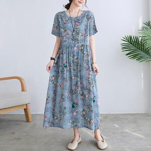 Women Summer Loose Casual New Arrival Arts Vintage Floral Print Cotton Linen A-line Long Dresses