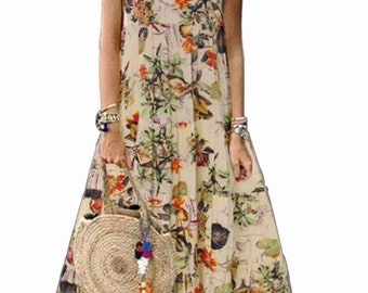 Women Summer Floral Print Casual Sleeveless O-Neck Cotton Boho Holiday Dress