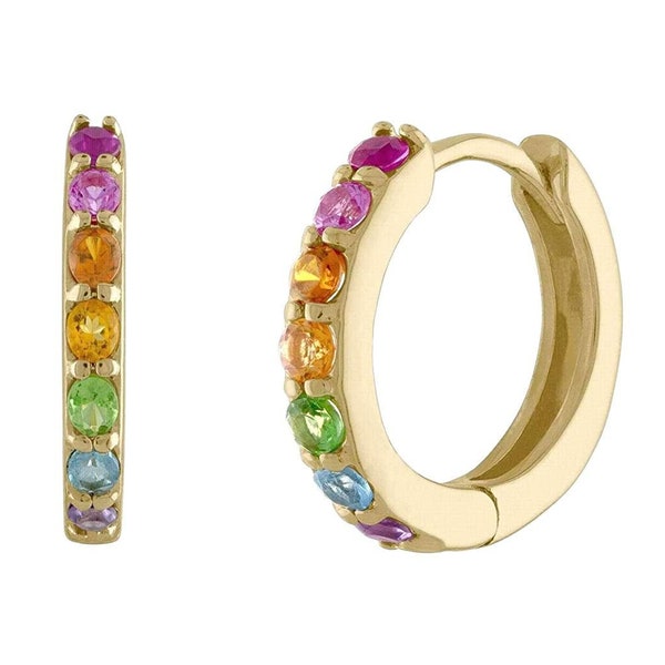 Rainbow Hoop Earrings Diamond Huggies, 14k Gold Multistone Huggie Earrings Tiny Hoop Earrings with Multi Color Stones, Unique Women Gifts