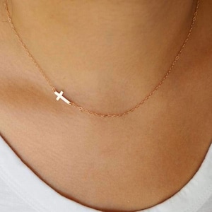 14K Solid Gold Tiny Sideways Cross Necklace, Dainty Offside Cross Pendant, Cross Necklace Jewelry Protection Symbol for Women Girls