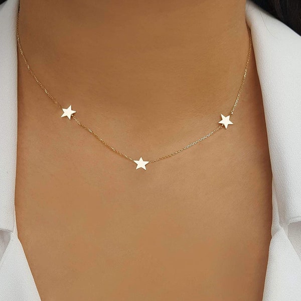 For Star Women, Tiny Three Star Necklace, Rolo Chain Layering Choker, Dainty Random Spaced Necklace, Bridesmaid Jewelry, Best Gift for Her