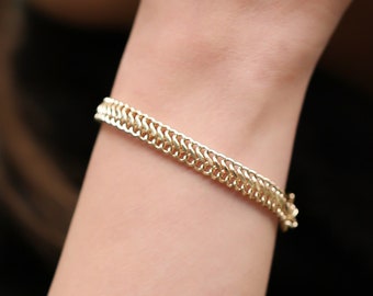 14k Gold Herringbone Chain Bracelet | Layered Curb Chain, Bold Stackable Bracelet, Boyfriend Thick Bangle, Valentines Day Gift, Gift for Her
