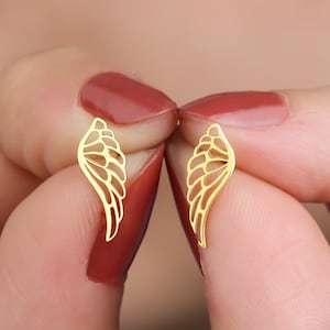 14k Gold Angel Wing Studs | Dainty Carved Protection Studs, Winx Club Earrings, Studs for Kids, Meaningful Valentines Day Gift, Gift for Her