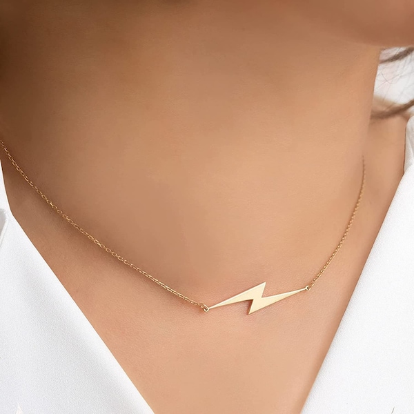 Gold Lightning Bolt Necklace, Sterling Silver or 14k Gold Dainty Sideways Choker Necklace, Thunder Bolt Symbol Charm Necklace, Gift for Her