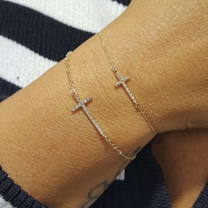 14k Gold Diamond Sideways Cross Bracelet: Dainty Religious Jewelry