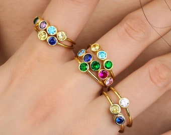 14k Gold Horizonal Bezel Multi-Stone Gem Ring | Customizable Ring, Topaz Birthstone Ring, Dainty Everyday Ring, Halloween Gift, Gift for Her