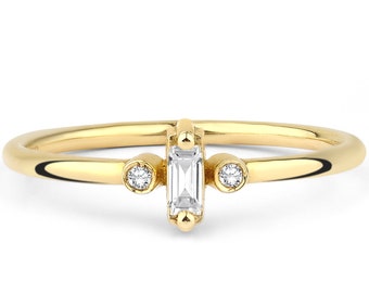 14k Gold Vertical Baguette Ring w/Tiny Bezel Diamond Gems | Double Round Gemstone Ring, MultiStone Elegant Promise Ring, Valentines Day Gift