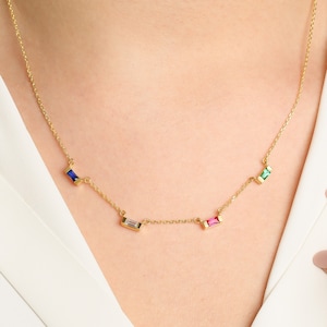 14k Gold Horizontal Multiple Baguette Necklace | Customized Birthstone Pendant, Baguette Necklace, Mom Gift, Mother's Day Gift, Gift for Her