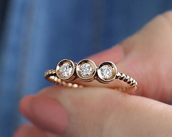 14k Gold Three Stone Diamond Ring w/Beaded Band | 3 Solitaire Elegant Cluster Rings, Stackable Engagement Bridal Rings, Valentines Day Gift