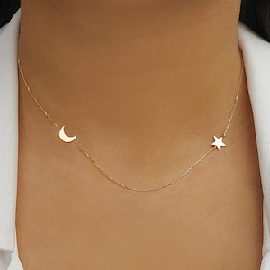 Gold Crescent Moon and Star Sideways Necklace, Elegant Real White Gold Chain, Statement Jewelry, Great Gift for Her, Girlfriends Gift Ideas