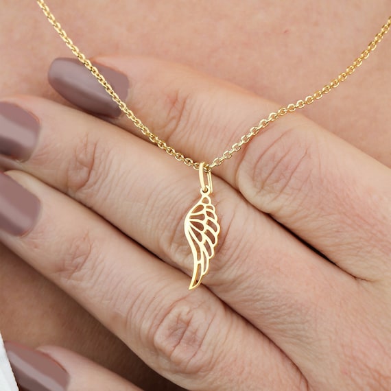 14k Gold Angel Wing Necklace Vertical Sentimental Pendant Celestial Necklace for Loved One Guardian Angel Memorial Charm Gift for Her Etsy