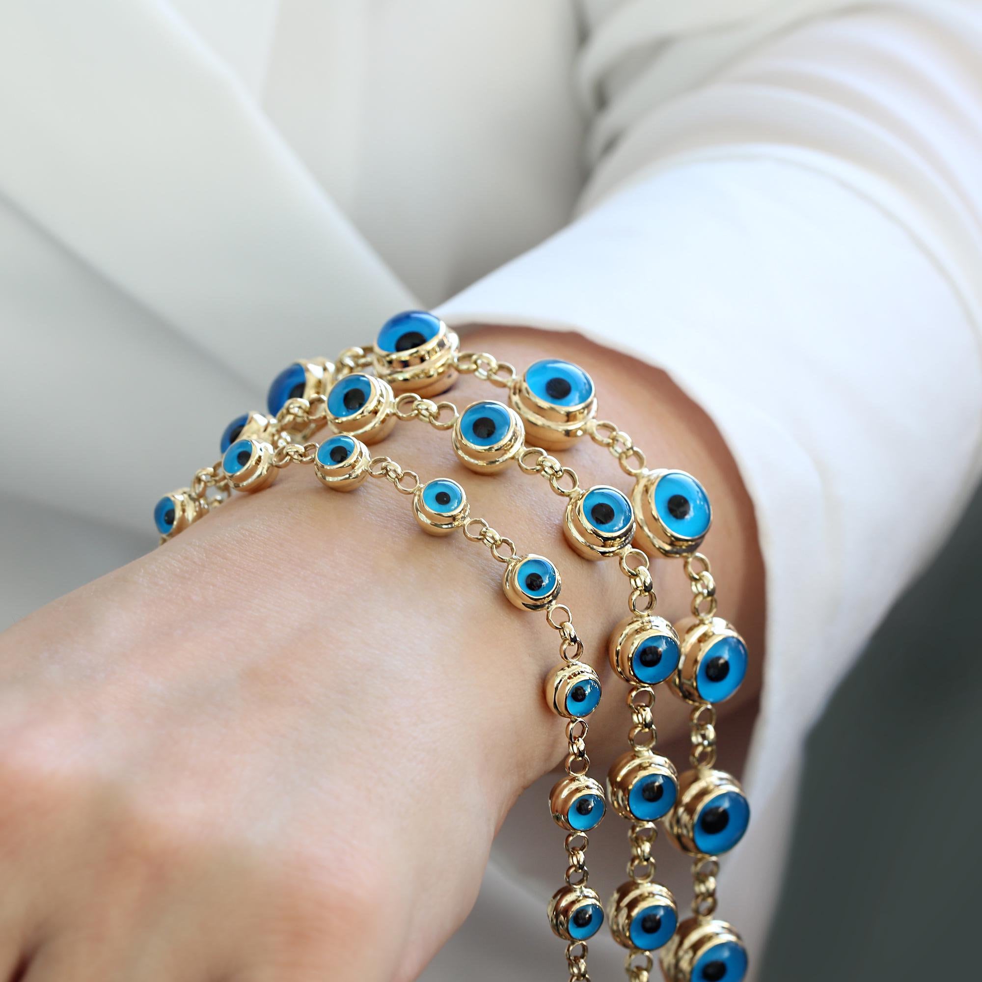 14k Solid Gold Evil Eye Charm Bracelet, Protection Jewelry, Eye Station Bracelet, Christmas Gift, Birthday Gift for Her