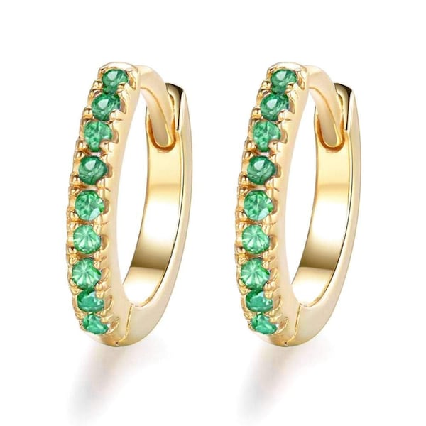 Gold Emerald Hoop Earrings, 14k Solid Gold 10MM Emerald Huggie Earrings, Emerald Micro Pave Hoop Earrings, Everyday Earrings, Gift for Her