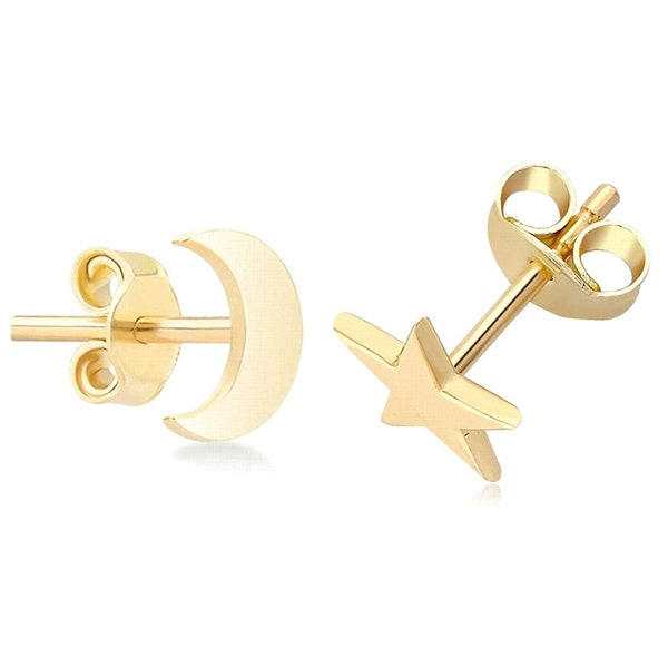 14k Gold Moon Star Stud Earrings, Crescent Moon Earrings Dainty Star Studs, Minimal Gold Everyday Stud Earrings Gift for Women Girls