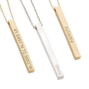 Collar con barra vertical larga bañada en oro de 14 k/collar rectangular con nombre familiar en 3D, colgante de oro grabado con inicial personalizada, regalo de San Valentín