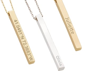 14k Gold Filled Long Vertical Bar Necklace | Rectangle 3D Family Name Necklace, Custom Initial Engraved Gold Pendant, Valentines Day Gift