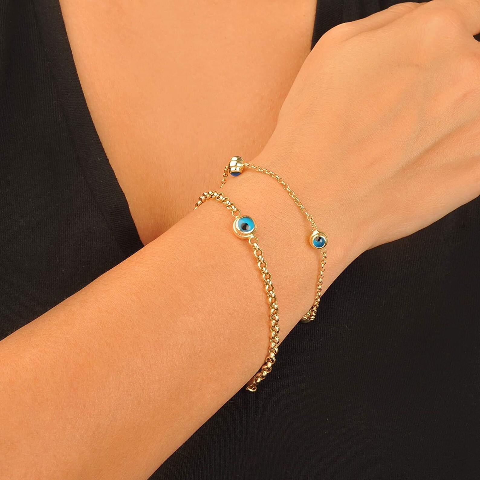 14K Solid Gold Evil Eye Bracelet With Thicker or Thinner Rolo Etsy