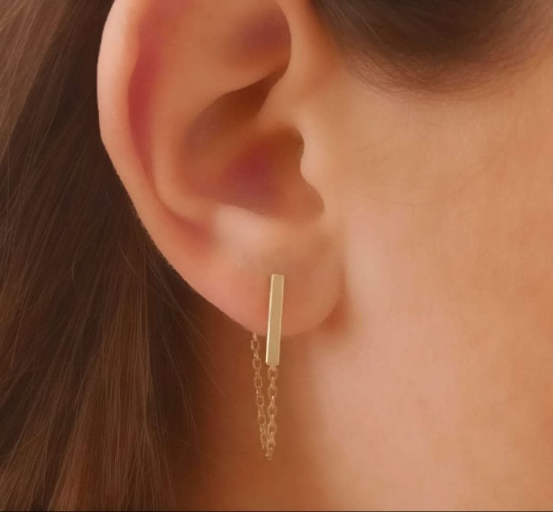 ◇wing bling◇ 14k post Berto dangle bar drop earrings Gold Bar Long Chain Earrings, Dangle Drop Chain Line Gold