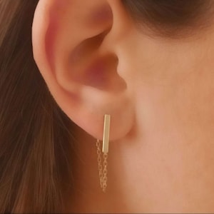 Gold Bar Long Chain Earrings, Dangle Drop Chain Line Gold Bar Studs, Post Staple Stud Earrings, Trendy Gold Jewelry, Thin Chain Models