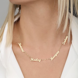 Collar personalizado con varios nombres en oro de 14 k / Collar con nombres de familiares y niños / Oro macizo real / Regalo ideal para Navidad para mamá