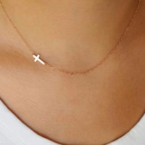 14K Gold or Silver Sideways Cross Necklace – Dainty Horizontal Cross Pendant – Minimalist Religious Gift for Her, Mom, Birthday