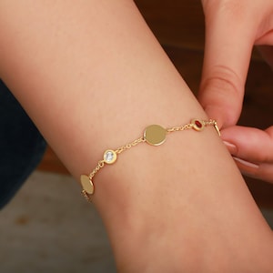 Pulseira de disco de ouro com gravação inicial personalizada | Pulseira de pedra de nascimento personalizada | Pulseira de identificação de etiqueta delicada | Presente de Natal