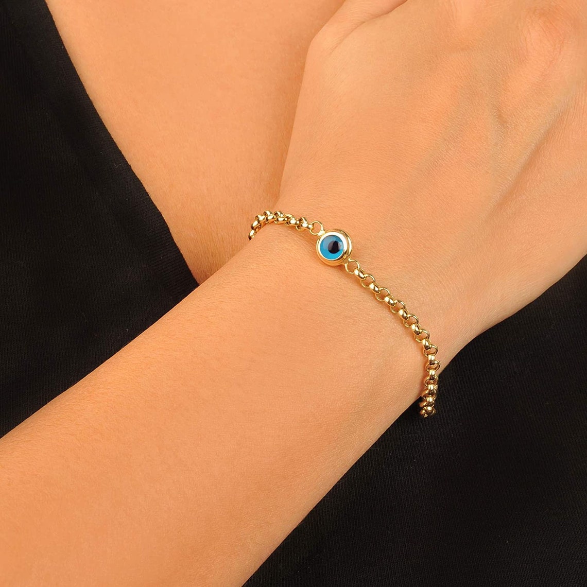 14K Solid Gold Evil Eye Bracelet With Thicker or Thinner Rolo Etsy