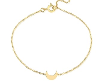 14k Gold Moon Bracelet Dainty Solid Gold Moon Charm Bracelet, Crescent Moon Bracelet Gold Tiny Moon Bracelet for Women Girls