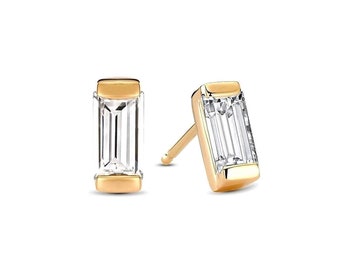 Vertical Baguette Cut Diamond Studs, 0.28 ct Solitaire Genuine Diamond Earrings, Statement Jewelry, Anniversary Gifts for Wife