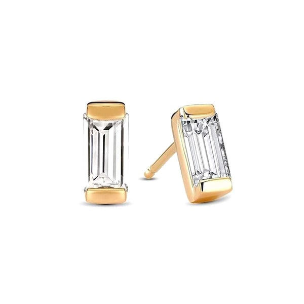 Vertical Baguette Cut Diamond Studs, 0.28 ct Solitaire Genuine Diamond Earrings, Statement Jewelry, Anniversary Gifts for Wife