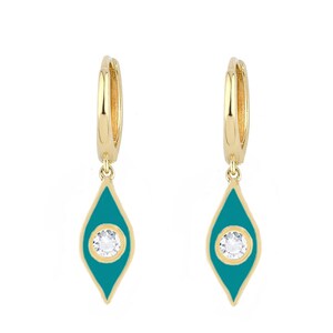 Orecchini a cerchio con occhio di diamante naturale e smalto turchese, gioielli di protezione del terzo occhio, occhio malvagio bianco e nero alla moda, il miglior regalo per lei