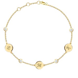 Pulseira de disco inicial de pedra de nascimento personalizada em ouro 14K | Disco de gravação de letra personalizada | Pulseira de disco de família com várias pedras de nascimento | Presente para ela