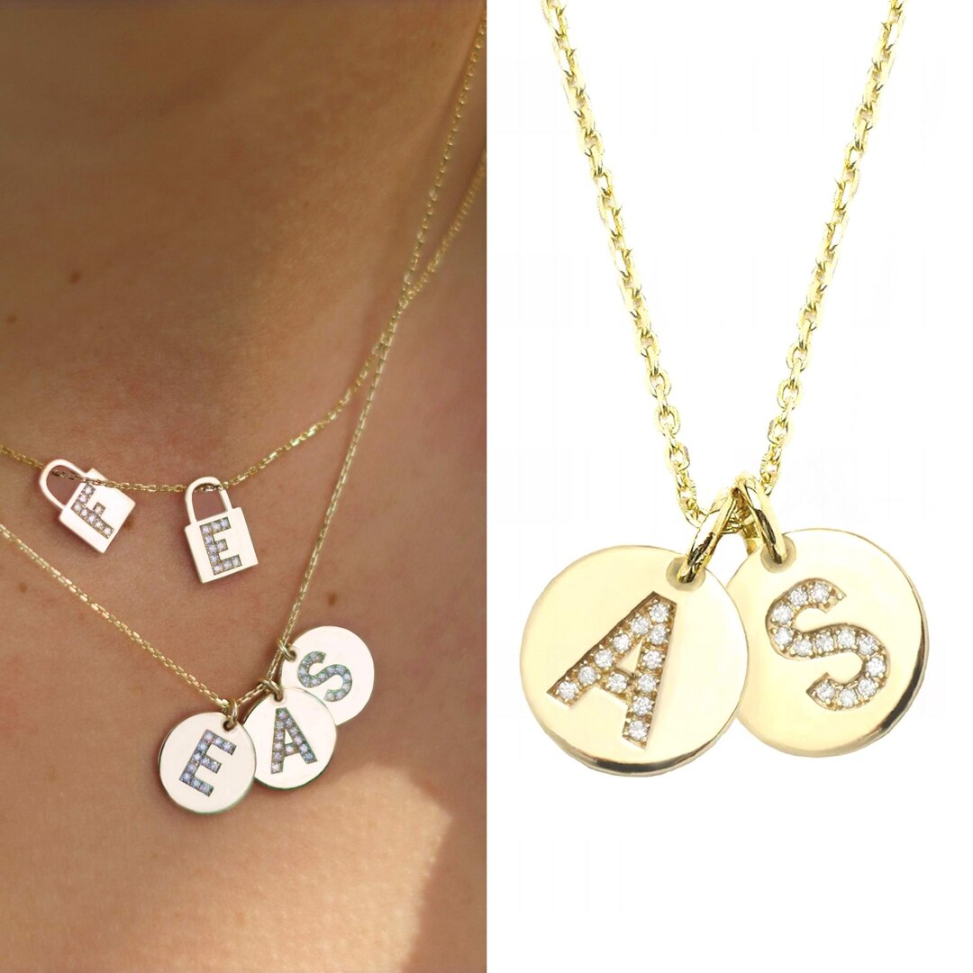 Elegant 14K Gold Diamond Letter Disk Necklace - Personalized Initial ...