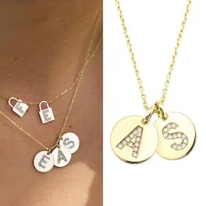 Colar elegante de disco com letra de diamante em ouro 14K - Joia inicial personalizada - Pingente de charme delicado personalizado - Presente para ela