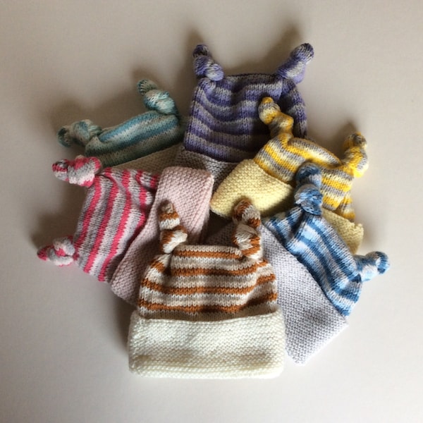 Striped knotted teabag baby hat, size 3-6months, available in various colours