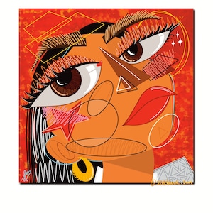 Puede incluir: Una ilustración digital de la cara de una mujer con ojos grandes, labios rojos y un pendiente dorado. El fondo es un patrón abstracto rojo y naranja con formas geométricas.