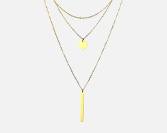 Dreischicht Kette/ Mehrschichtige Halskette/ Multi Layer Kette/ Lagenlook Kette Kreis Stab/ Multi Strang Halskette in Gold Silber Roségold