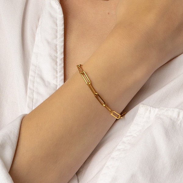 18K Gold PVD Plated Stainless Steel Paperclip Chain Link Bracelet | Layering Link Bracelet | Layering Gold Bracelet | Minimalist Bracelet