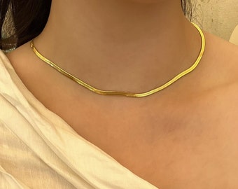 18K Gold Herringbone Snake Chain Necklace, Herringbone Bold Chain Necklace, Thick Chain Necklace, Layering Necklace, Dainty Gold Necklace