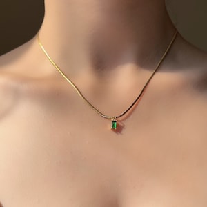 18K Gold Plated Emerald Green Cubic Zirconia Stone Glass Pendant on Flat Herringbone Snake Chain, Square Emerald Pendant, Gold Necklace