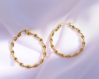 18K Gold Plated Twisted Gold Hoop Earrings, Twist Gold Hoops, Dainty Golden Hoop Earrings, Statement Medium Hoops, Tarnish Free Jewellery